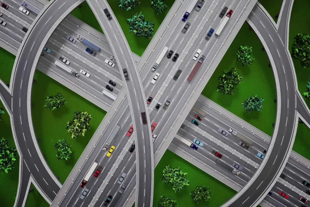 Vista aérea de una intersección vial con señalización explicativa